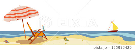 Colored sea landscape with beach umbrella, yellow yacht, cocktail, chaise lounge. Vector illustration. Sea elements for greeting cards, decoration, magazines, banners, menu, patterns and designs. 135953429