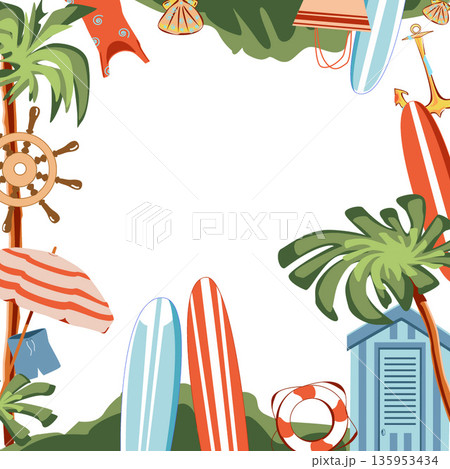 Square frame with surfboard, palms, lifebuoy, beach hut, steering wheel, beach umbrella, shorts. Vector art. Sea elements for greeting cards, decoration, magazines, banners, menu patterns and designs Square frame with surfboard, palms, lifebuoy, beach hut, steering wheel, beach umbrella, shorts. Vector art. Sea elements for greeting cards, decoration, magazines, banners, menu patterns and designs 135953434