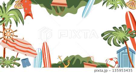 Frame with surfboard, palms, lifebuoy, beach hut, steering wheel, beach umbrella, shorts. Vector art. Sea elements for greeting cards, decoration, magazines, banners menu patterns and designs Frame with surfboard, palms, lifebuoy, beach hut, steering wheel, beach umbrella, shorts. Vector art. Sea elements for greeting cards, decoration, magazines, banners menu patterns and designs 135953435