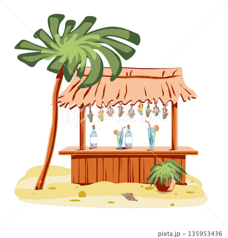 Colored sea art with beach bar, cocktails, palm, seashell, plant, garland of fish. Vector illustration. Sea elements for greeting cards, decoration, magazines, banners, menu, patterns and designs. 135953436
