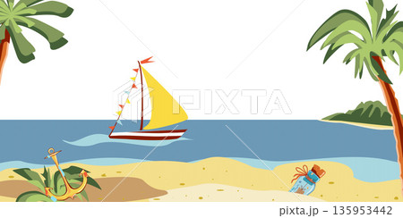 Colored sea view with bottle, anchor, sand, yellow yacht, green palms, island, waves. Vector illustration. Sea elements for greeting cards, decoration, magazines, banners, menu patterns and designs Colored sea view with bottle, anchor, sand, yellow yacht, green palms, island, waves. Vector illustration. Sea elements for greeting cards, decoration, magazines, banners, menu patterns and designs 135953442