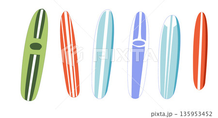 Colored set included six surfboards on white background. Vector illustration. Sea objects for greeting cards, decoration, magazines, banners, menu, patterns and designs. Colored set included six surfboards on white background. Vector illustration. Sea objects for greeting cards, decoration, magazines, banners, menu, patterns and designs. 135953452