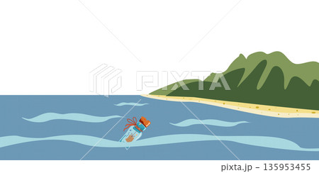 Colored sea view with bottle with massage, waves, sand, green island. Vector illustration. Sea elements for greeting cards, decoration, magazines, banners, menu, patterns and designs. Colored sea view with bottle with massage, waves, sand, green island. Vector illustration. Sea elements for greeting cards, decoration, magazines, banners, menu, patterns and designs. 135953455
