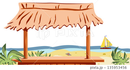 Colored sea view with beach big bar, sand, yellow yacht, plants, island, waves. Vector illustration. Sea elements for greeting cards, decoration, magazines, banners, menu, patterns and designs. Colored sea view with beach big bar, sand, yellow yacht, plants, island, waves. Vector illustration. Sea elements for greeting cards, decoration, magazines, banners, menu, patterns and designs. 135953456