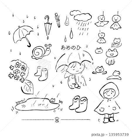 雨の日のこどもと梅雨モチーフ線画セット 135953739