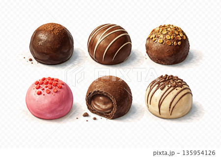 水彩画風のトリュフチョコ｜バレンタインに使える手描き風イラスト素材（背景透過） 135954126