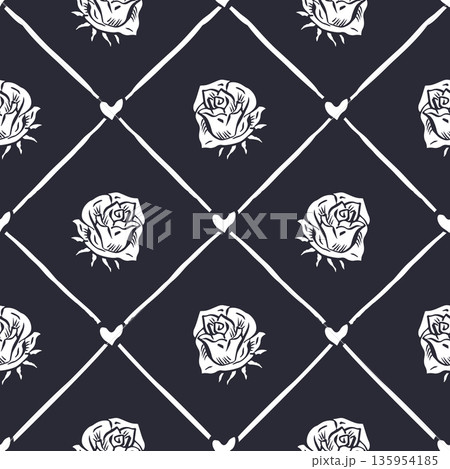 Seamless pattern with hand drawn black and white rose flowers inside trellis Seamless pattern with hand drawn black and white rose flowers inside trellis 135954185
