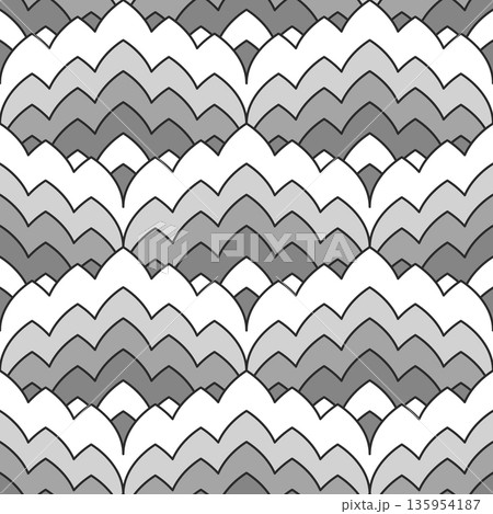 Seamless pattern with monochrome gray geometric flame stitch style motifs. Retro wave repeat background. Zig zag vintage wallpaper Seamless pattern with monochrome gray geometric flame stitch style motifs. Retro wave repeat background. Zig zag vintage wallpaper 135954187