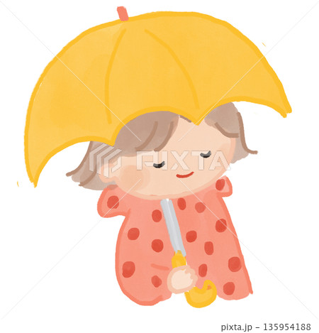 やさしい水彩タッチの黄色い傘をさす子どものやさしいイラスト やさしい水彩タッチの黄色い傘をさす子どものやさしいイラスト 135954188