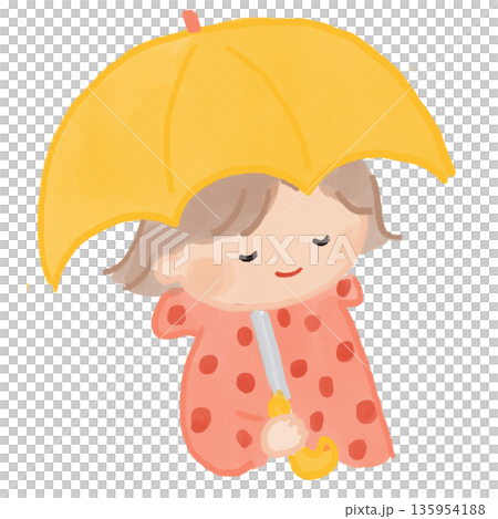一幅柔和的水彩風格插畫，描繪了一個孩子撐著一把黃色雨傘。 135954188