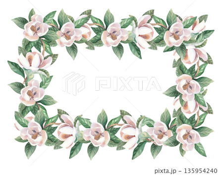 Restangular frame of a buds and leaves of magnolia. Handmade watercolor illustration. For packaging design, cards, cover, wallpaper, prints, product labels and fabric. Restangular frame of a buds and leaves of magnolia. Handmade watercolor illustration. For packaging design, cards, cover, wallpaper, prints, product labels and fabric. 135954240
