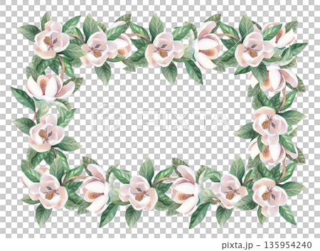 Restangular frame of a buds and leaves of magnolia. Handmade watercolor illustration. For packaging design, cards, cover, wallpaper, prints, product labels and fabric. Restangular frame of a buds and leaves of magnolia. Handmade watercolor illustration. For packaging design, cards, cover, wallpaper, prints, product labels and fabric. 135954240