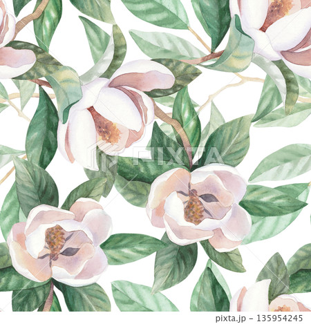 Seamless pattern of the blooming white magnolia. Handmade watercolor illustration. For packaging design, cards, cover, wallpaper, prints, product labels and fabric. 135954245