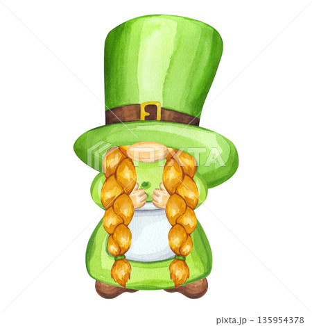Leprechaun or gnome girl in green dress, hat with red pigtails. Character for Happy Saint Patrick Day. Hand drawn watercolor illustration isolated background. Irish holiday parade Happy March 17th. Leprechaun or gnome girl in green dress, hat with red pigtails. Character for Happy Saint Patrick Day. Hand drawn watercolor illustration isolated background. Irish holiday parade Happy March 17th. 135954378