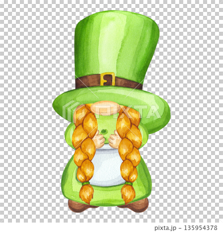 Leprechaun or gnome girl in green dress, hat with red pigtails. Character for Happy Saint Patrick Day. Hand drawn watercolor illustration isolated background. Irish holiday parade Happy March 17th. Leprechaun or gnome girl in green dress, hat with red pigtails. Character for Happy Saint Patrick Day. Hand drawn watercolor illustration isolated background. Irish holiday parade Happy March 17th. 135954378
