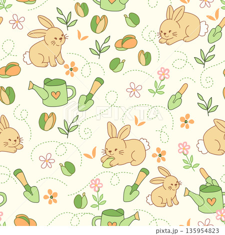 Adorable seamless pattern with cute bunnies, watering cans and flowers. Perfect for nursery decor, Easter textiles, kids fabric, and spring stationery 135954823