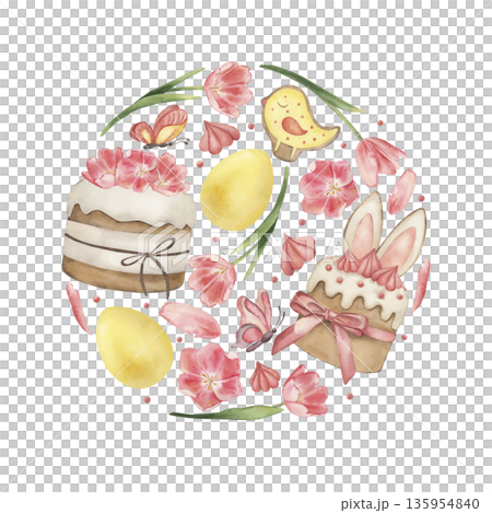 Watercolor Easter round composition with cakes, tulips, yellow eggs, butterflies and cute birds. Hand drawn floral circle for spring holiday greeting cards, stickers, textile and print design, dishes Watercolor Easter round composition with cakes, tulips, yellow eggs, butterflies and cute birds. Hand drawn floral circle for spring holiday greeting cards, stickers, textile and print design, dishes 135954840