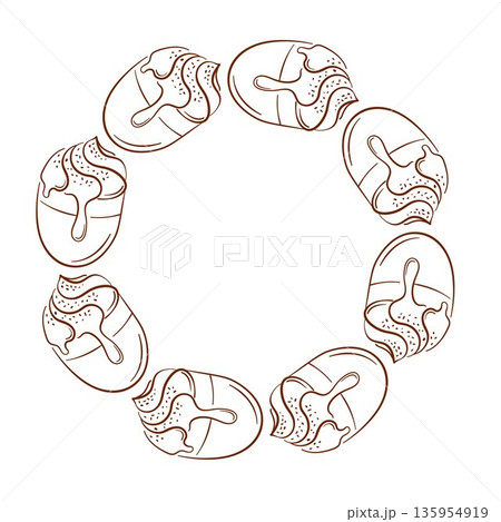 Wreath illustration with coffee cup and whipped cream in line art style. Design for cafe card, bakery banner or delivery package on white background. 135954919