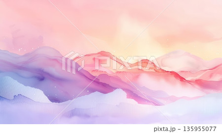 Abstract watercolor painting of mountains in pink and blue hues. 135955077