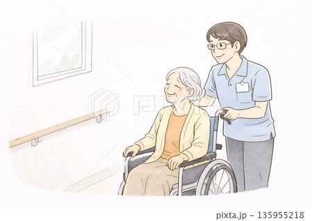 車椅子の高齢者を支える介護スタッフ／Care Staff Supporting Senior 135955218