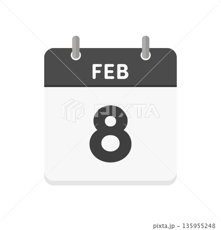 2月8日･FEB 8の日めくりカレンダーのアイコン - 2/8のシンプルな白黒の英語の暦 135955248