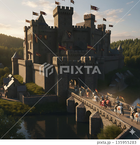 山と川に囲まれた壮大な中世ファンタジーの城塞都市 135955283