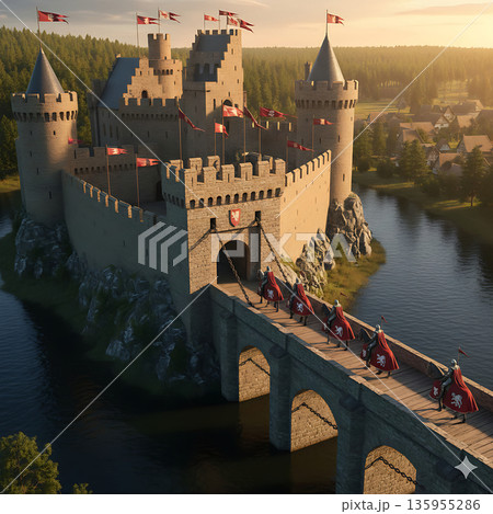 山と川に囲まれた壮大な中世ファンタジーの城塞都市 135955286