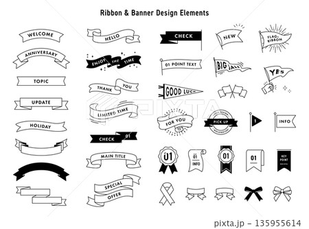 モノクロ線画のリボン・バナー・旗のデザイン素材セット 135955614
