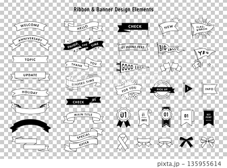 單色線條繪製的絲帶、橫幅和旗幟設計材料套裝 135955614