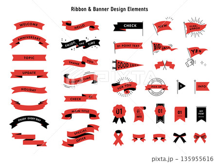 赤のリボン・バナー・旗のデザイン素材セット 135955616