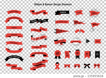 赤のリボン・バナー・旗のデザイン素材セット 135955616