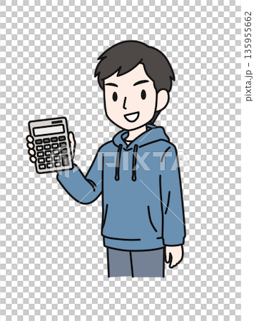 插圖素材：一名身著休閒裝的男子正在計算器上查看金額。 135955662