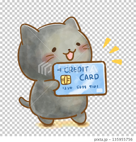 Black cat paying with credit card / cute watercolor illustration 135955756