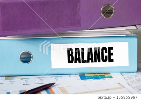 Violet and blue office folders with the text BALANCE on the background of documents and graphs. 135955967