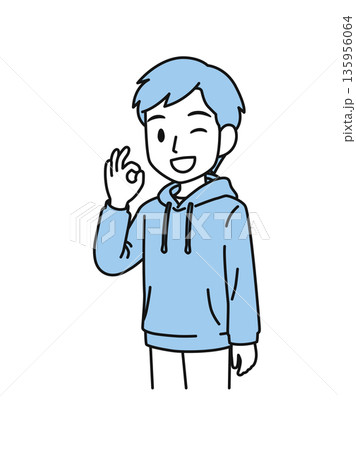 OKポーズをするカジュアルな服装の男性のイラスト素材 135956064