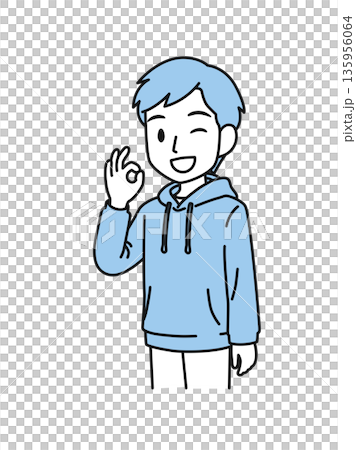 OKポーズをするカジュアルな服装の男性のイラスト素材 135956064