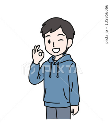 OKポーズをするカジュアルな服装の男性のイラスト素材 OKポーズをするカジュアルな服装の男性のイラスト素材 135956066