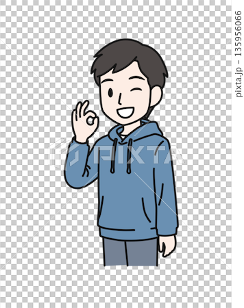 OKポーズをするカジュアルな服装の男性のイラスト素材 OKポーズをするカジュアルな服装の男性のイラスト素材 135956066