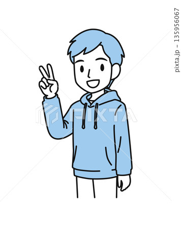 ピースサインをするカジュアルな服装の男性のイラスト素材 ピースサインをするカジュアルな服装の男性のイラスト素材 135956067