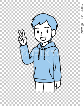 ピースサインをするカジュアルな服装の男性のイラスト素材 ピースサインをするカジュアルな服装の男性のイラスト素材 135956067