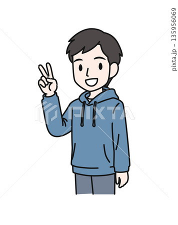 ピースサインをするカジュアルな服装の男性のイラスト素材 135956069