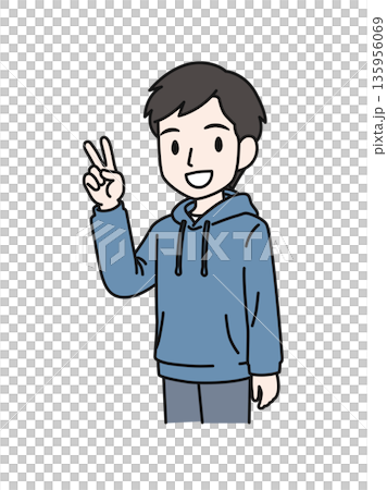 ピースサインをするカジュアルな服装の男性のイラスト素材 135956069