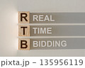 RTB - short for Real Time Bidding in wooden alphabet letters with text on shadows on light gray background. 135956119