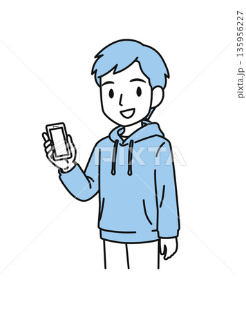 スマホを持つカジュアルな服装の男性のイラスト素材 135956227