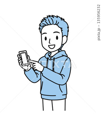 スマホを操作するカジュアルな服装の男性のイラスト素材 スマホを操作するカジュアルな服装の男性のイラスト素材 135956232