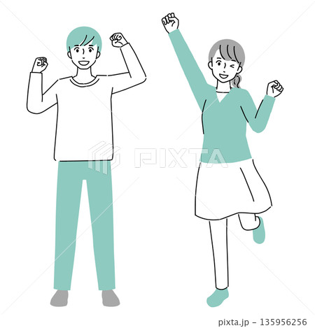 笑顔の若い男女がガッツポーズをしているイラスト 笑顔の若い男女がガッツポーズをしているイラスト 135956256
