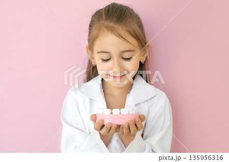 Child in white coat holding dental jaw model, symbol of oral health awareness and pediatric dentistry. Educational concept for International Dentist Day and preventive dental care. Child in white coat holding dental jaw model, symbol of oral health awareness and pediatric dentistry. Educational concept for International Dentist Day and preventive dental care. 135956316
