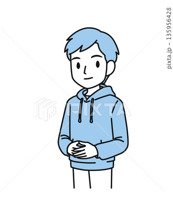 両手を前で組んでかしこまるカジュアルな服装の男性のイラスト素材 135956428
