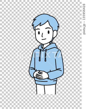 両手を前で組んでかしこまるカジュアルな服装の男性のイラスト素材 135956428