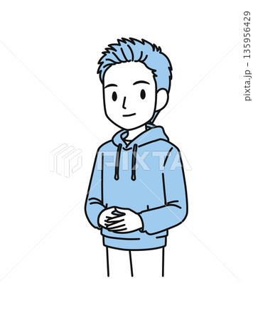 両手を前で組んでかしこまるカジュアルな服装の男性のイラスト素材 135956429